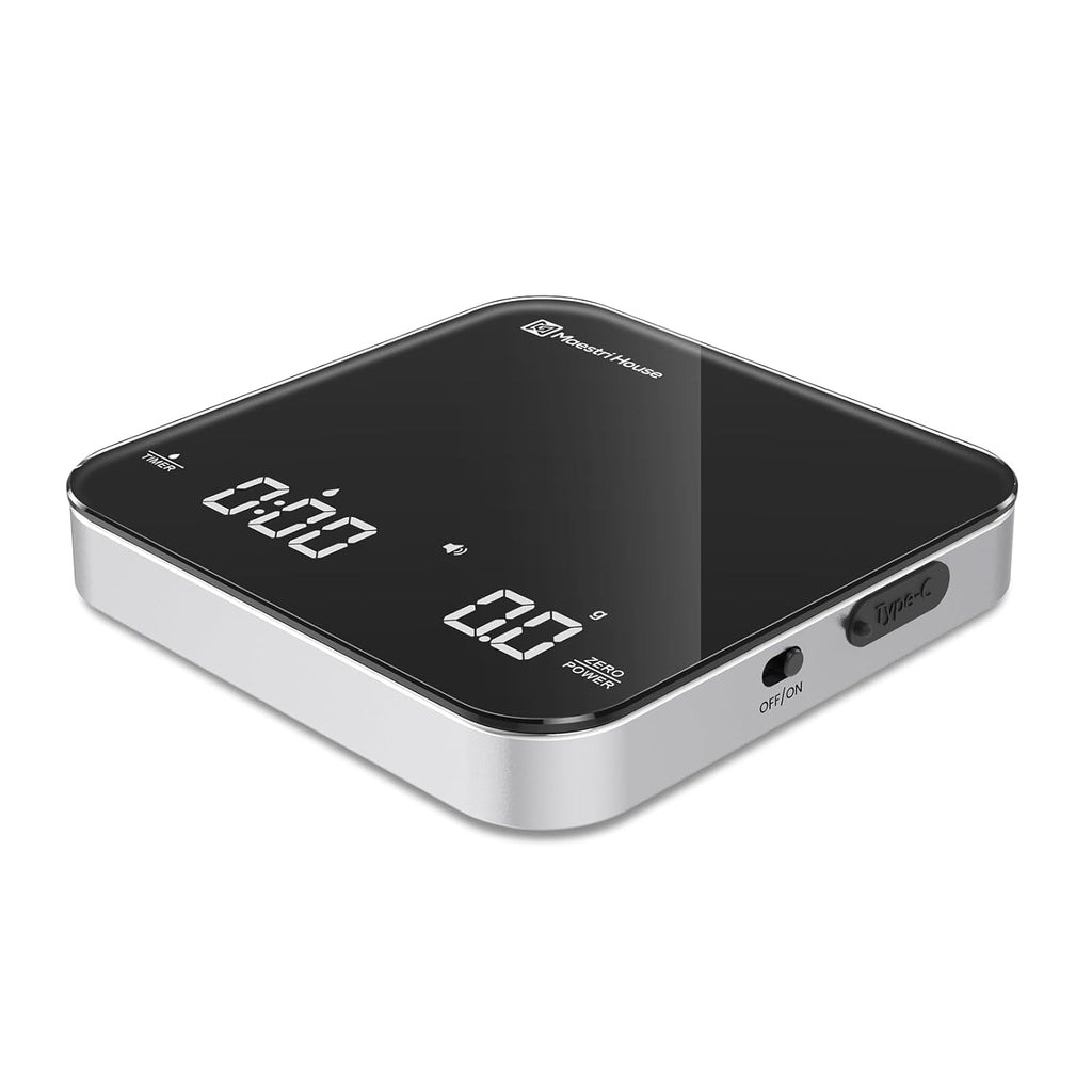 Maestri House Mini Coffee Scale with Timer, USB-C Rechargeable Espresso Scale, 2kg/0.1g Accurate Scale for Espresso and Pour-Over Coffee, Portable Digital Kitchen Scale with Auto Timer (Black&Silver)