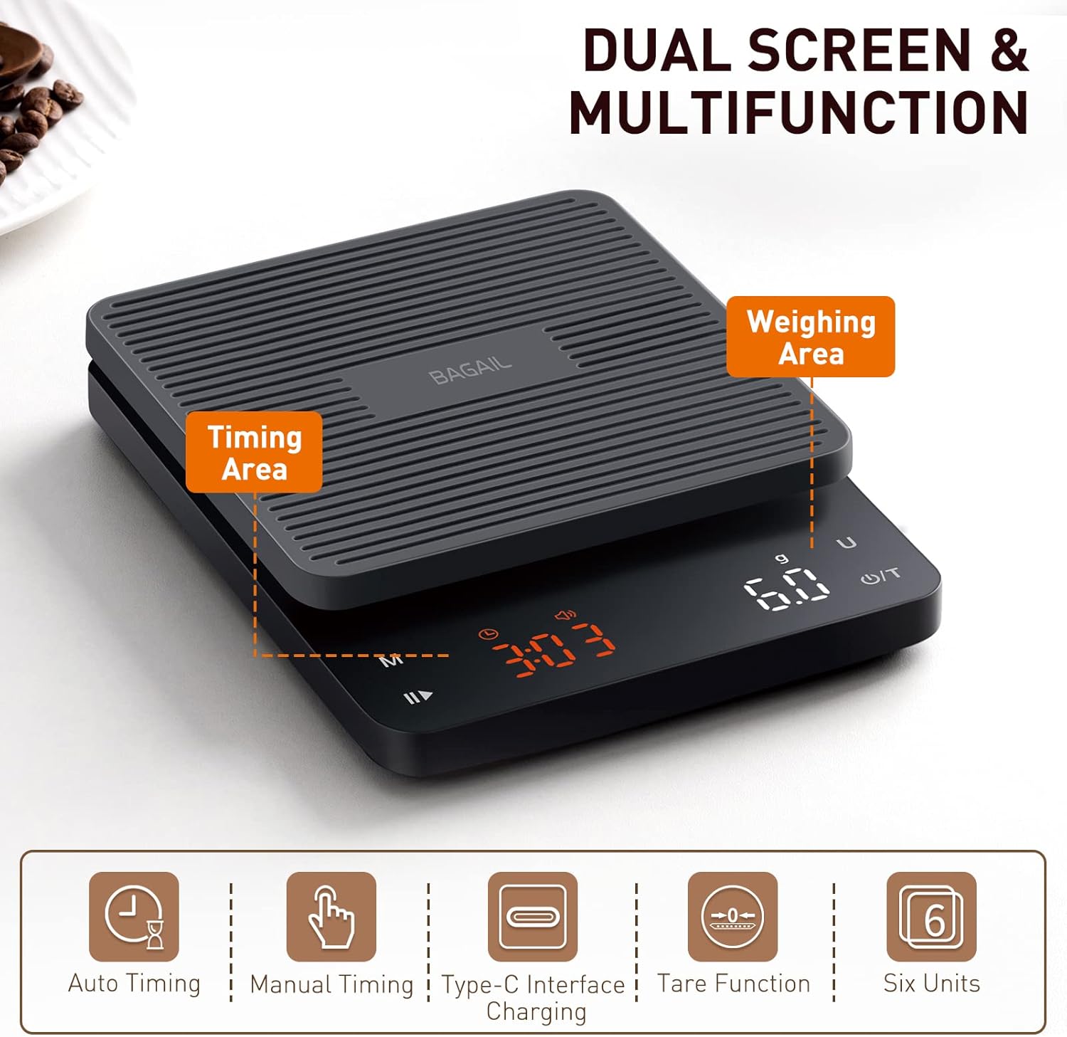 BAGAIL BASICS Coffee Scale with Timer, 0.1g High Precision Kitchen Scale, Pour Over Coffee Scale, Drip Espresso Scale with Auto Tare, Touch Sensor and Silicone Cover - 6.6 lbs/3 kg