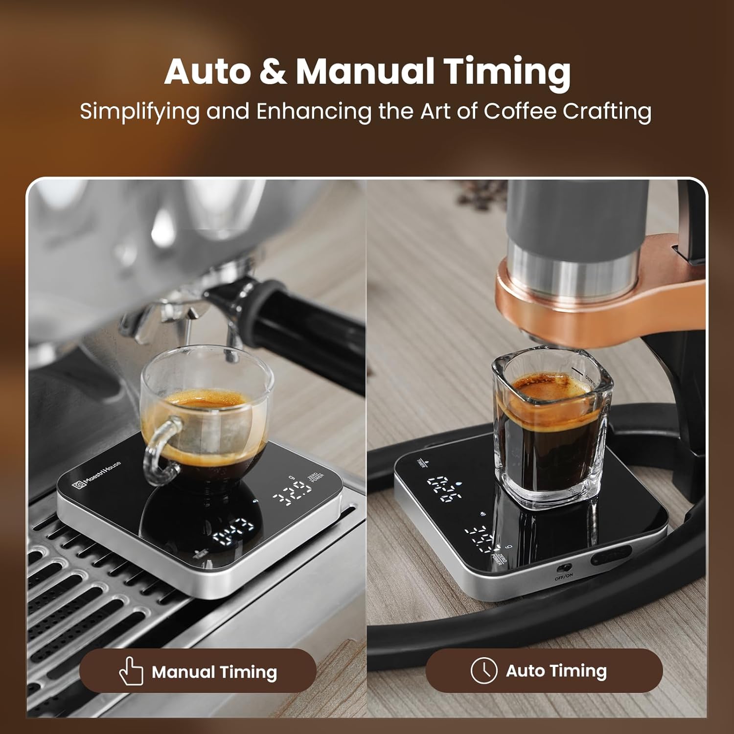 Maestri House Mini Coffee Scale with Timer, USB-C Rechargeable Espresso Scale, 2kg/0.1g Accurate Scale for Espresso and Pour-Over Coffee, Portable Digital Kitchen Scale with Auto Timer (Black&Silver)